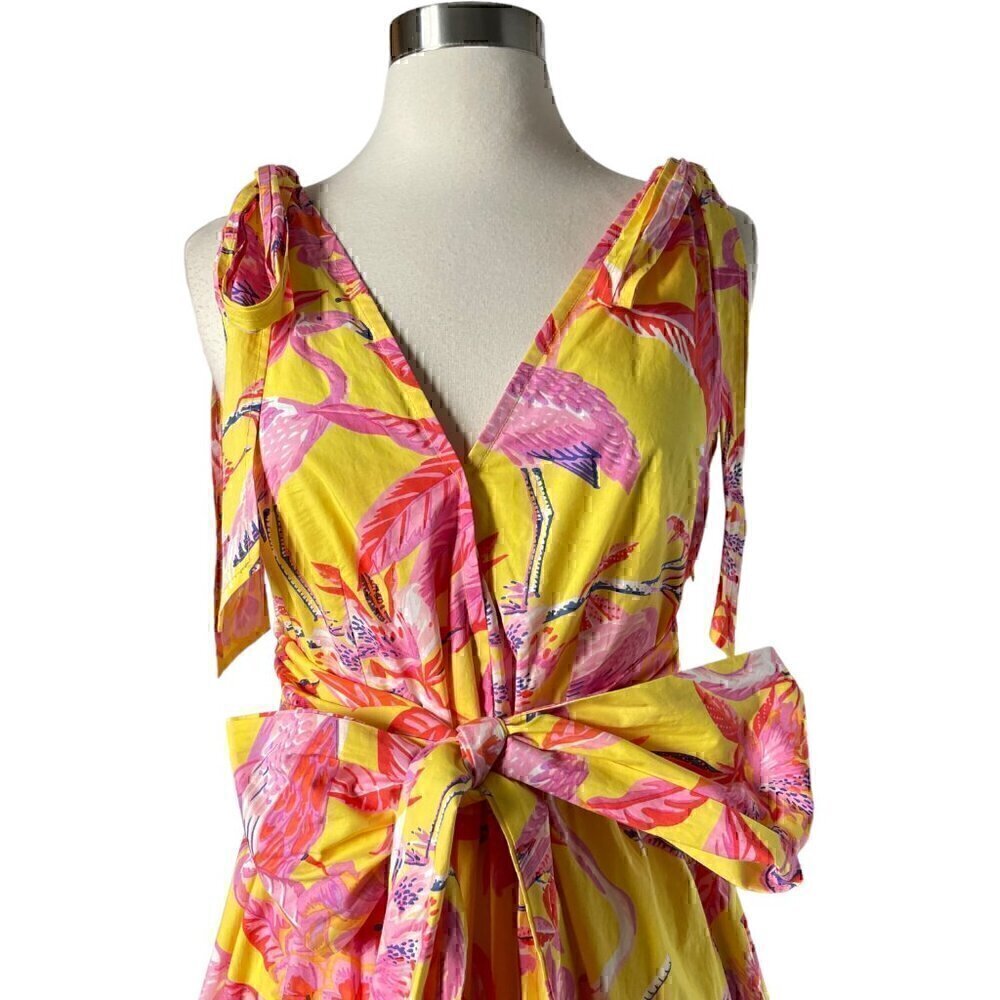 Banjanan Carnation Flamingo Cotton Maxi Dress XS Pink Yellow Tropical - Picture 7 of 13